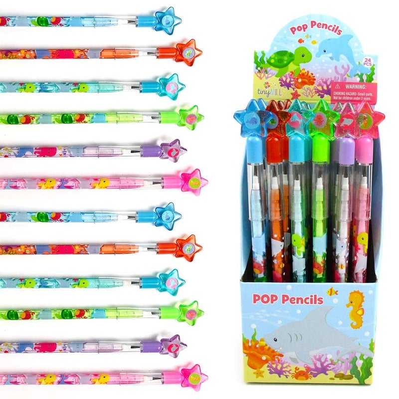 TINYMILLS 24 Pcs Sea Animals Ocean Life Turtles Multi Point Stackable Pencil with Eraser for Birthday Party Favor Prize Carnival Goodie Bag Stuffers Classroom Rewards - Image 1